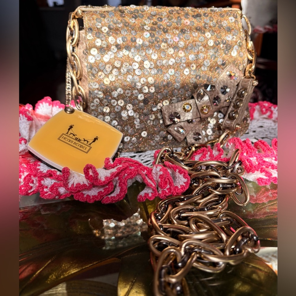 Henri Bendel Gold Sequin, Snakeskin Bag with Chain Crossbody Strap